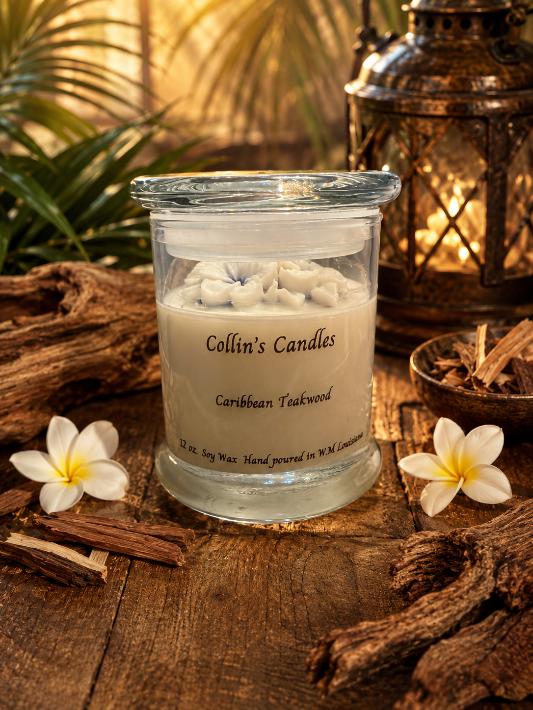 12 oz. Caribbean Teakwood soy wax candle.